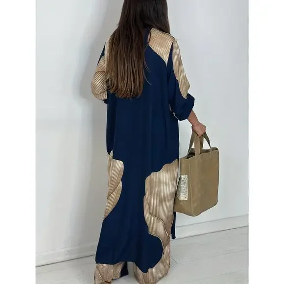 Luxury Blue Colorblock Satin Lounge Oversized Button-Down Shirt & Wide-Leg Pants - Picture 4 of 12